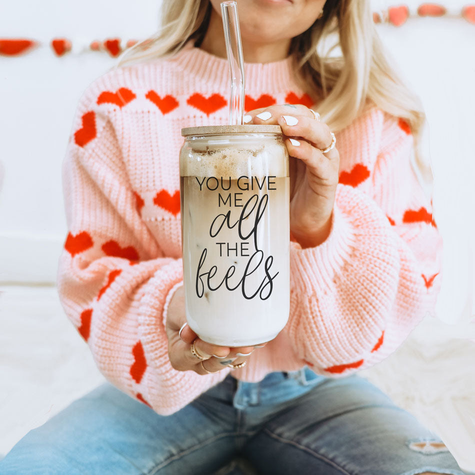 Valentineās Day glass cup, 20oz, You Give Me All the Feels with bamboo lid.
20oz bamboo lid glass cup, You Give Me All the Feels for Galentineās gift.
You Give Me All the Feels 20oz glass cup with bamboo lid for funny V-Day gifts.